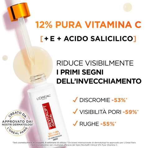 L'Oréal Revitalift Clinical 12% Pura Vitamina C + E + Acido Salicilico Siero Discromie Pori e Rughe