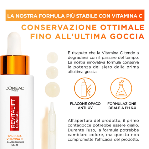 L'Oréal Revitalift Clinical 12% Pura Vitamina C + E + Acido Salicilico Siero Discromie Pori e Rughe