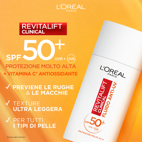 L'Oréal Revitalift Clinical Fluido Anti-UV SPF50+ Protezione molto alta + Vitamina C Antiossidante